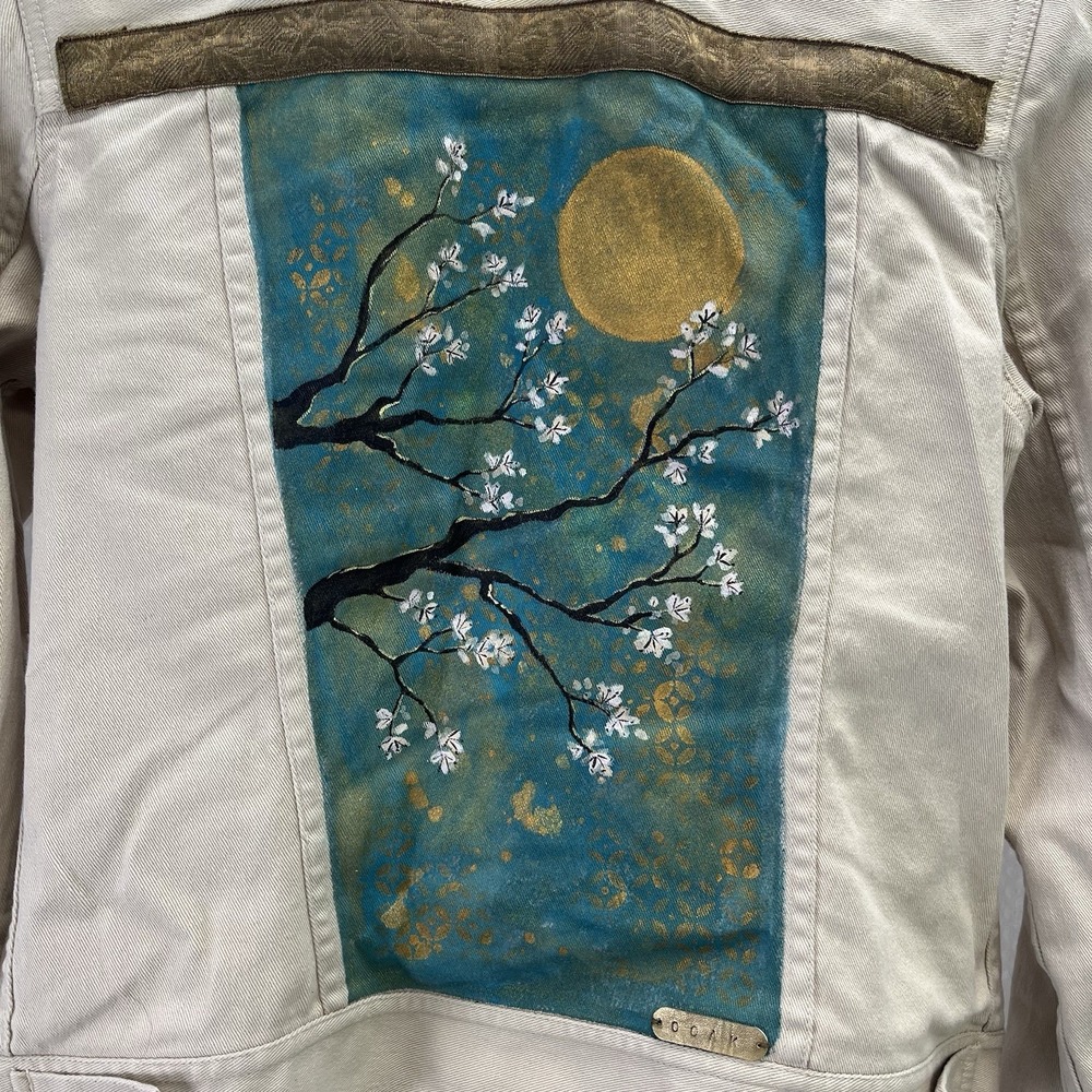 Signed Lauren Jeans Co. Crème Trucker Jacket Cherry Blossom Moon Small Boho